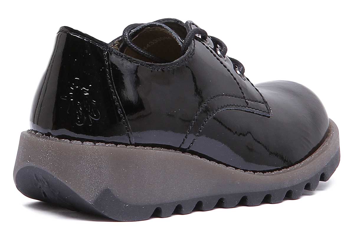 Fly London Simb K Lace Up Leather Shoes In Black Patent For Kids - Image 3